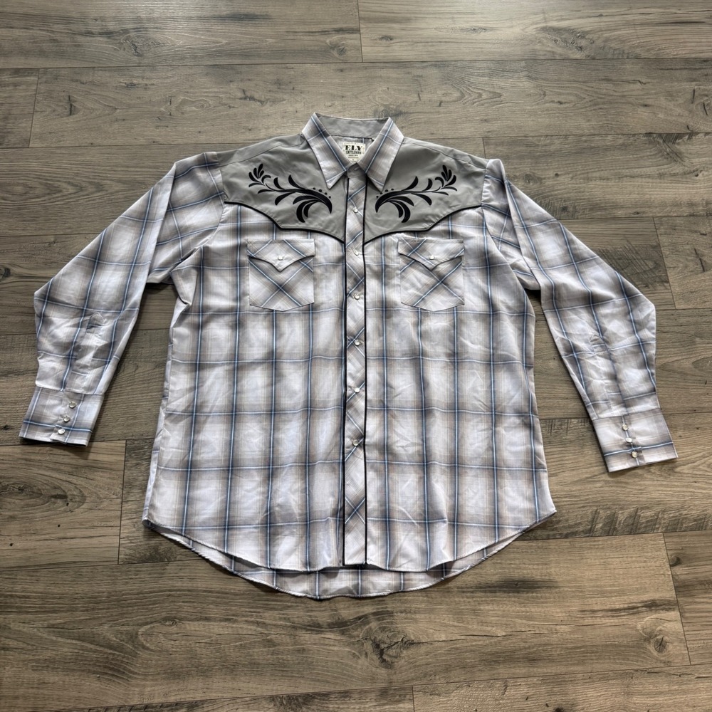 Ely Cattleman Mens Grey Plaid Embroidered Yoke Western Pearl Snap Shirt XL